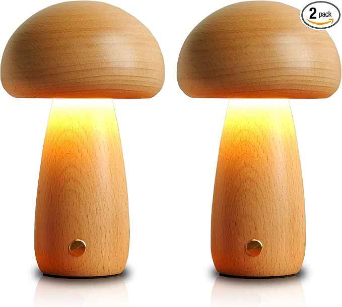 2 Pack Wooden Mushroom Lamp, Portable Cordless Touch Switch Small Rechargeable Battery Operated Lamp,Stepless Dimming,