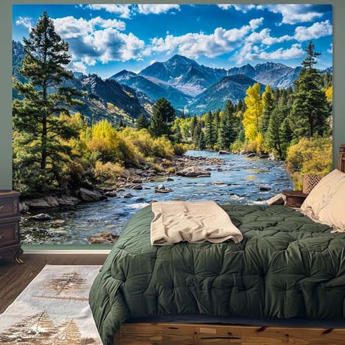Nature Forest Mountain Tapestry Green Pine Tree Tapestry for Bedroom Aesthetic White Clouds Flowing River Landscape Classroom Tapestries Wall Hanging for Living Room Dorm Office