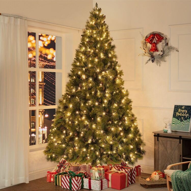 9ft Christmas Tree with Lights Realistic Traditional Christmas Tree Prelit with Pine Cones Foot Pedal 2294 Branch Tips 1050 Warm Lights and Metal Stand Aritificial