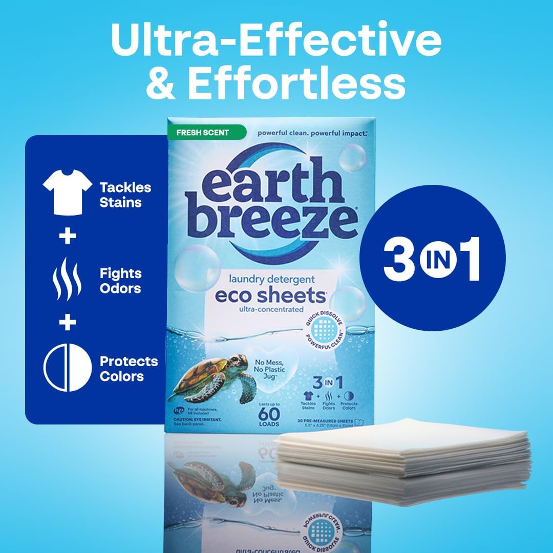 Earth Breeze Laundry Detergent Sheets Fresh Scent - 60 Loads Eco Liquidless Soap - Travel-Friendly for Hot & Cold Cycles, Tackles Tough Stains & Odors - Gentle on Skin, 30 Ct - NestledHome