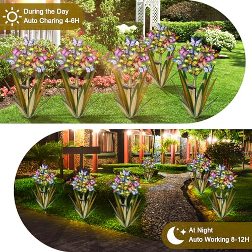 Solar Metal Agave Butterfly Flower Stick Garden Sculpture Outdoor Gift Solar Garden Christmas Lights Swaying Butterfly Sunflower Garden Lights Solar Outdoor Statues (3 Count)