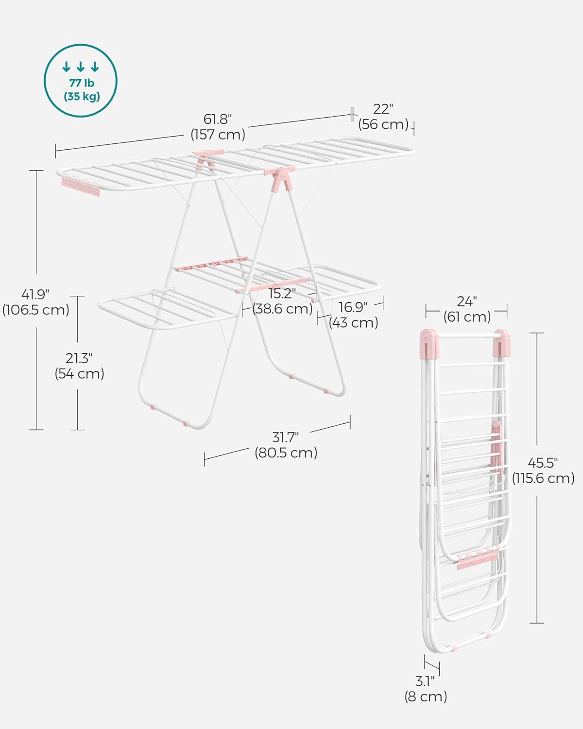 SONGMICS Clothes Drying Rack, Foldable 2-Level Laundry Drying Rack, Free-Standing Laundry Airer, with Height-Adjustable Wings, 33 Drying Rails, Sock Clips, White and Pink ULLR053P01V1 - NestledHome