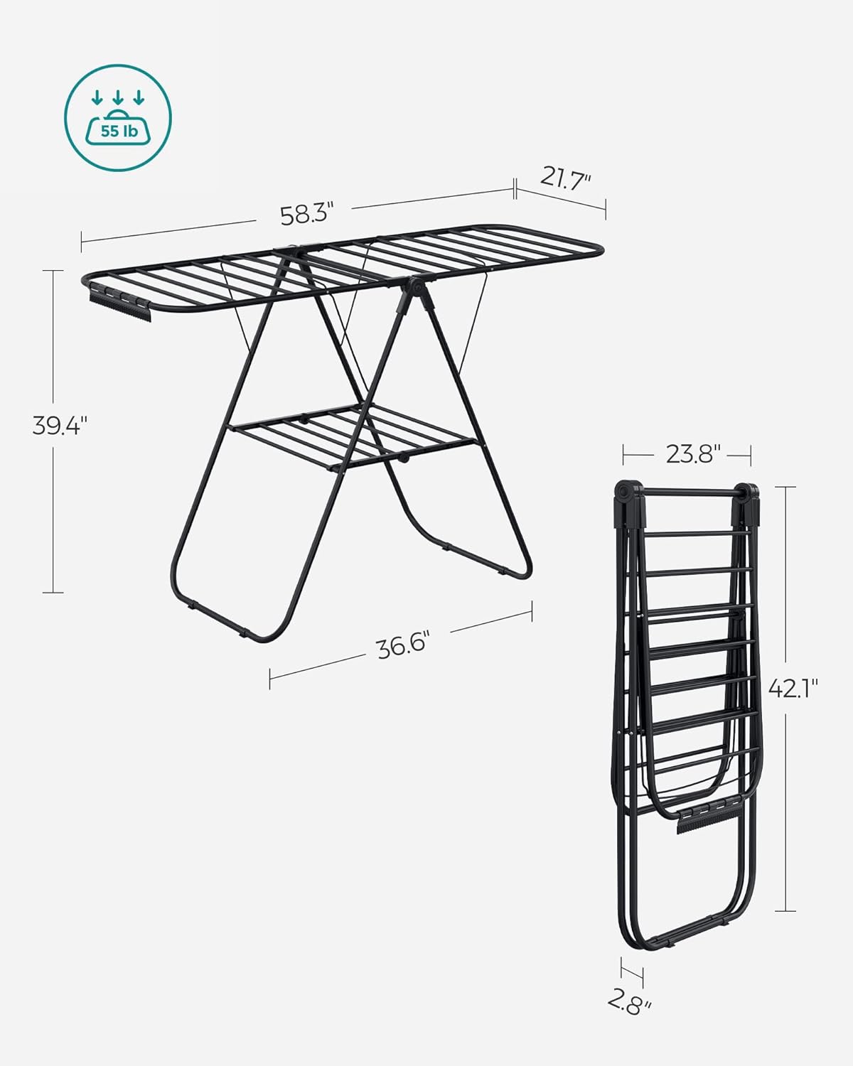 SONGMICS Clothes Drying Rack, with Sock Clips, Metal Laundry Rack, Foldable, Space-Saving, Free-Standing Airer, with 2 Height-Adjustable Gullwings, Indoor Outdoor Use, Black ULLR052B01 - NestledHome