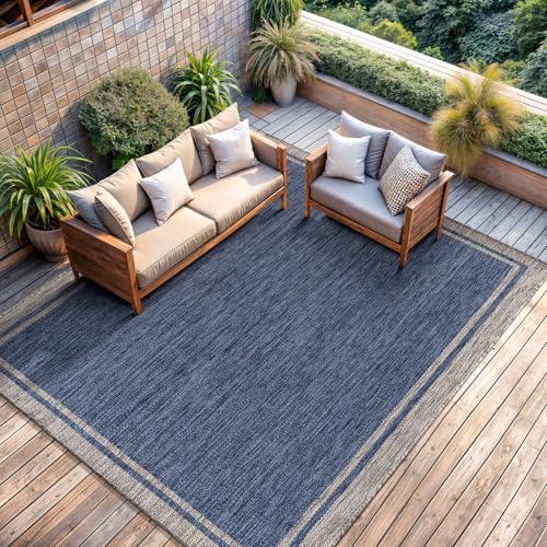Outdoor Rug 9x12 Bordered Navy Blue Gray Modern Large Area Rugs for Indoor and Outdoor Patios (108 Sq Ft)