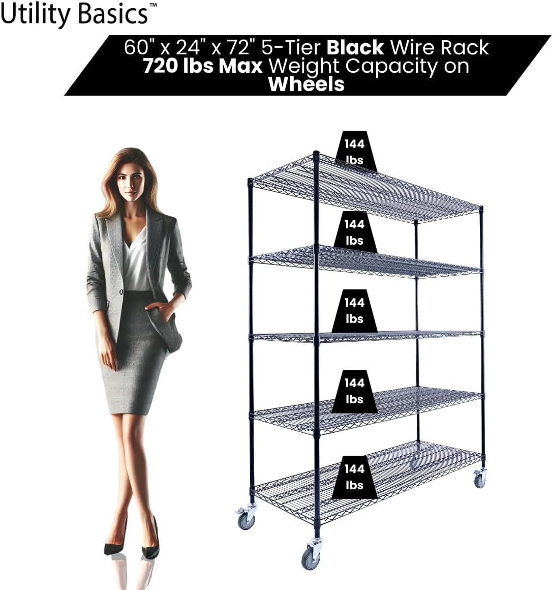 60"x24"x72" Black 5-Tier Premium Metal Wire Shelving NSF 4000 LBS MAX Capacity Heavy Duty Steel Storage Rack for Warehouse, Garage, Hospital, Commercial Space & School w/Premium Wheels - NestledHome