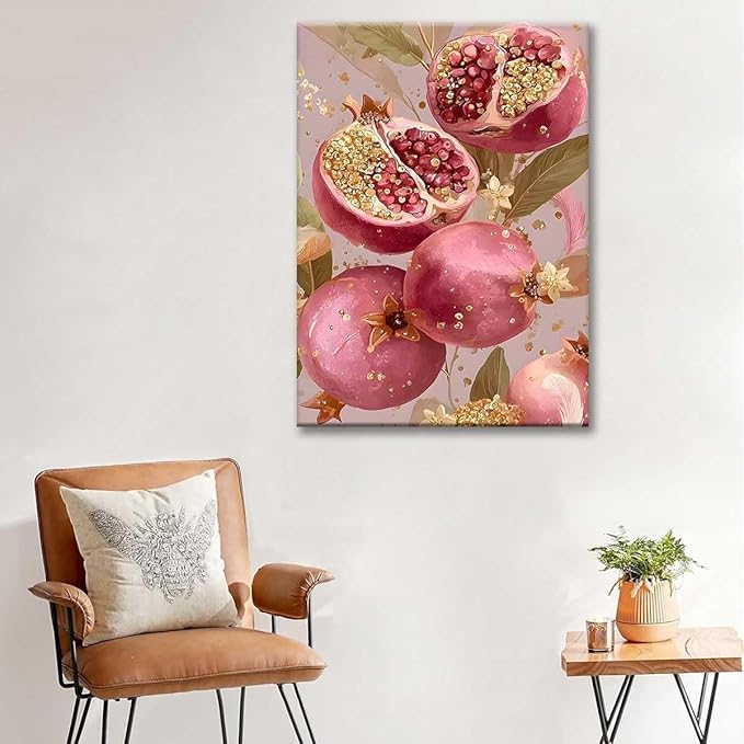 Paint by Numbers Kit for Adults Framed, Pink Pomegranates with Gold Accents, DIY Oil Painting, Pre-Printed Canvas Wall Art Home Decor Gift, 16x20inch Framed, 24 Colors