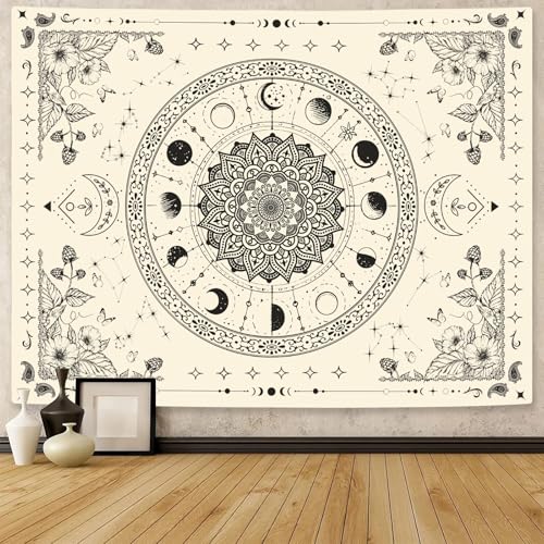 Mandala Moon Tapestry Boho Tapestry for Bedroom Black and White Tapestries Wall Hanging Living Room Wall Art and Home Decor 44x60