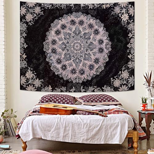 Boho Floral Mandala Tapestry Wall Hanging Grey Bohemian Flower Medallion Tapestry Aesthetic Gray Black Hippie Indian Small Tapestries for Bedroom Living Room Dorm Decor 48 x 36 Inch