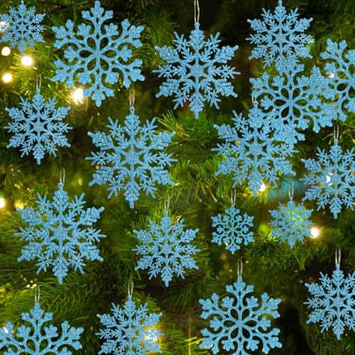 36pcs Christmas Light Blue Snowflake Ornaments Plastic Glitter Snow Flakes Ornaments for Winter Christmas Tree Decorations Size Varies Craft Snowflakes (36 Count)