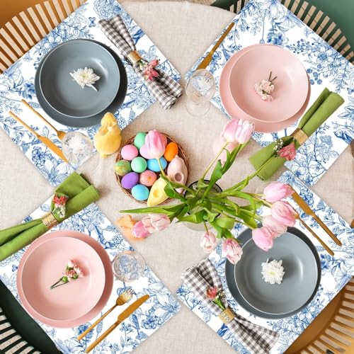 Blue Floral Placemats Set of 6 Flower Bird Plastic Table Mats Seasonal Spring Placemats Chinoiserie Place Mats Rustic Vintage Table Decoration for Indoor Outdoor Party Kitchen Dining (6 Count)
