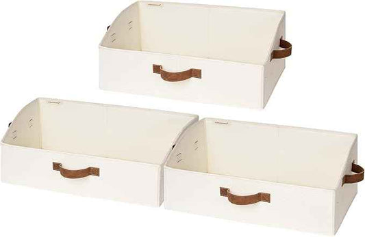 StorageWorks Closet Storage Bins, Trapezoid Organizer Box for Shelves, Fabric Clothes Bin, Foldable Organizing Baskets with Handles, Large, Ivory White, 3-Pack