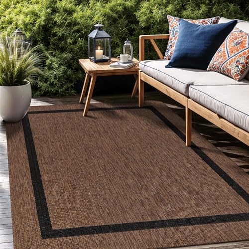 Bordered Outdoor Rug 8x10 Washable Outside Carpet for Indoor Patio Porch Waterproof Easy Cleaning Non Shedding Area Rugs Nut Brown