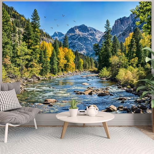 Nature Forest Mountain Tapestry Green Pine Tree Tapestry for Bedroom Aesthetic Flowing River Landscape Tapestries Wall Hanging Bird Decor for Living Room Classroom Dorm Office