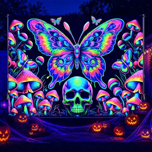 Blacklight Tapestry Butterfly Skull Glow Backdrop 78 x 59 Inch