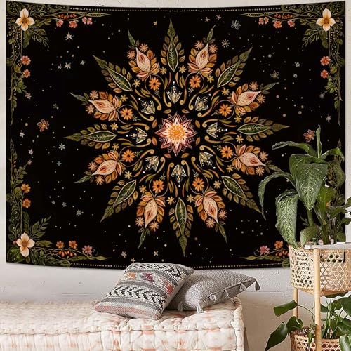 Boho Floral Mandala Tapestry for Bedroom Aesthetic Vintage Bohemian Flower Wall Tapestry Black Green Hippie Indian Large Tapestries Wall Hanging for Living Room Dorm Decor 80 x 60 Inch