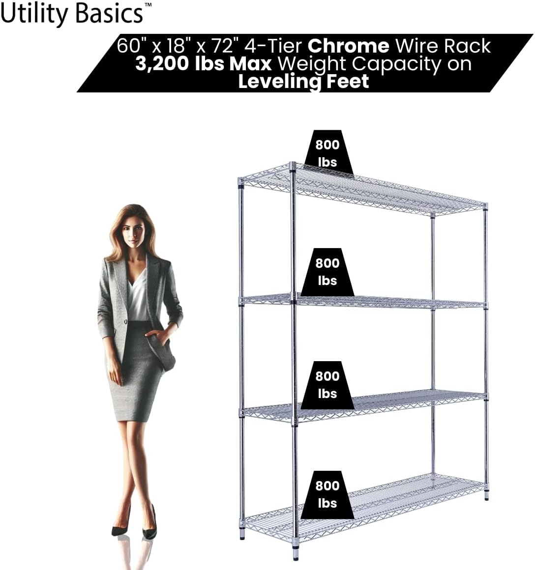 60"x18"x72" Chrome Premium Metal Steel Wire Shelving 4-Tier NSF 3200 LBS MAX Capacity Heavy Duty Storage Rack for Garages, Commercial Spaces, Hospitals, & Schools w/Premium Wheels - NestledHome