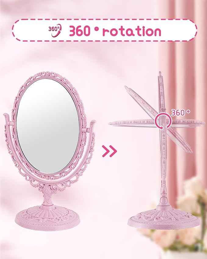 XPXKJ Pink Vintage Vanity Mirror Shabby Chic Decor | 360° Rotating Double-Sided Table Makeup Mirror with Stand Bedroom Decoration Perfect for Tabletop, Desk, Or Makeup Station