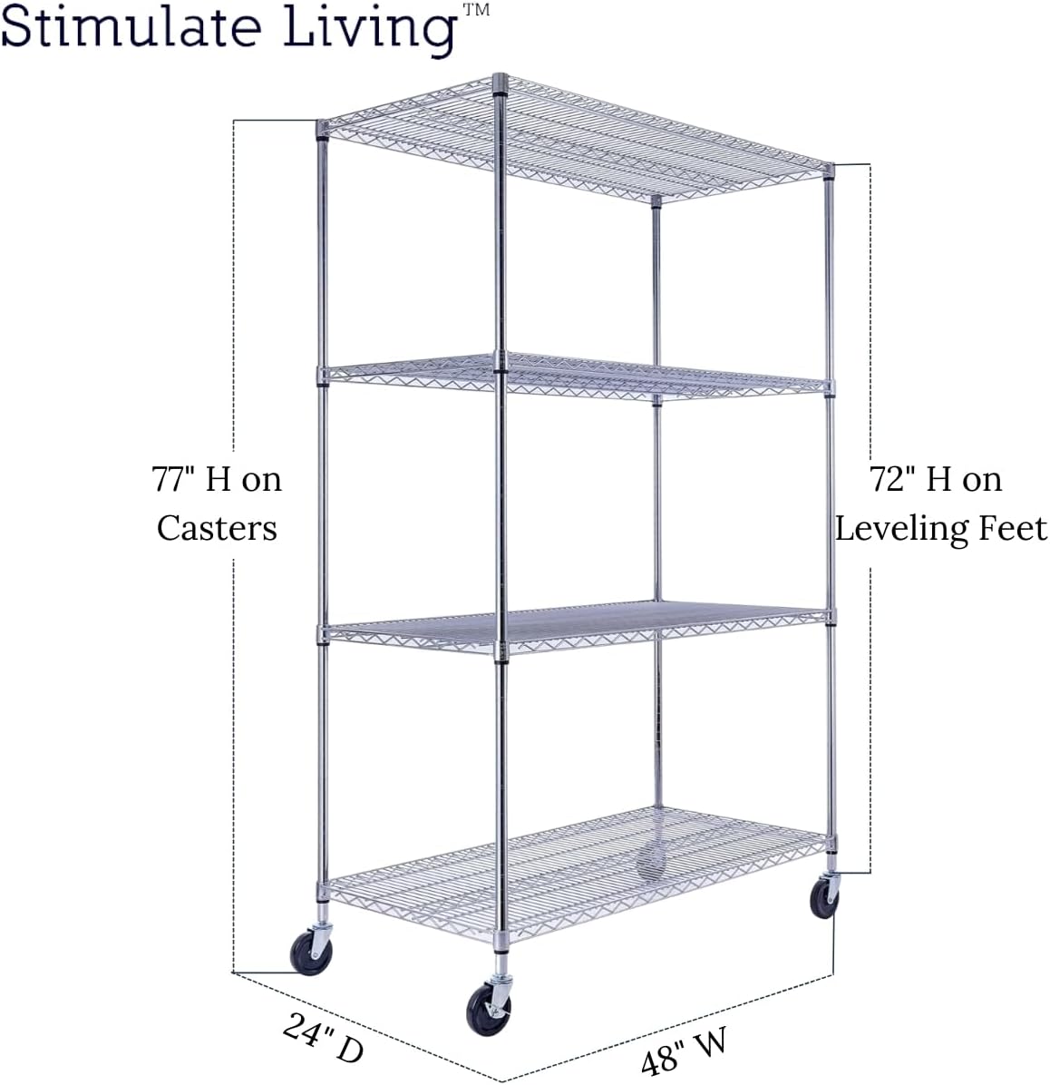 48"x24"x72" Prime Heavy Duty Chrome 4-Tier Wire Shelving NSF 3200 LBS MAX Capacity Storage Rack for Commercial, Hospital, School, Garage, and Kitchen Uses (with Wheels) - NestledHome