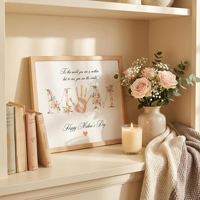 TwoDays Mother's Day Handprint Gift from Kids - DIY Keepsake Craft for Mom & Grandma, Family Activity Handprint & Flower Kit, Great Gift for Mother’s Day (8" X 10", Wood Frame)