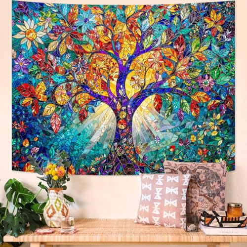 Tree of Life Tapestry Stained Glass Tapestry Wall Decor Tapestries for Bedroom Art Tapestries Wall Hanging for Bedroom Living Room Glass