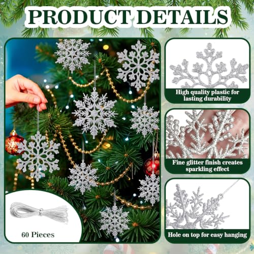 Glitter Christmas Silver Plastic Snowflake Ornaments for Winter Holiday (60 Count)