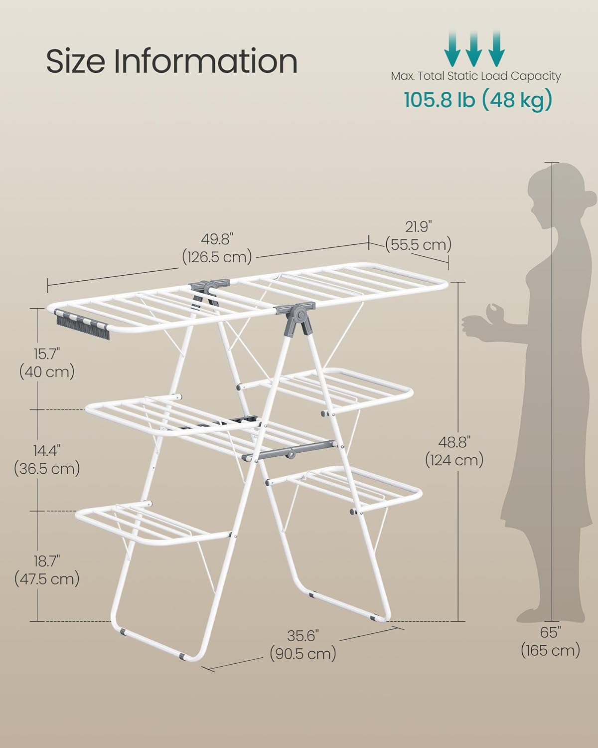 SONGMICS Clothes Drying Rack, Foldable 3-Level Laundry Rack, Free-Standing Large Drying Rack, with Height-Adjustable Wings, 39 Drying Rails, Sock Clips, White and Gray ULLR054W01 - NestledHome