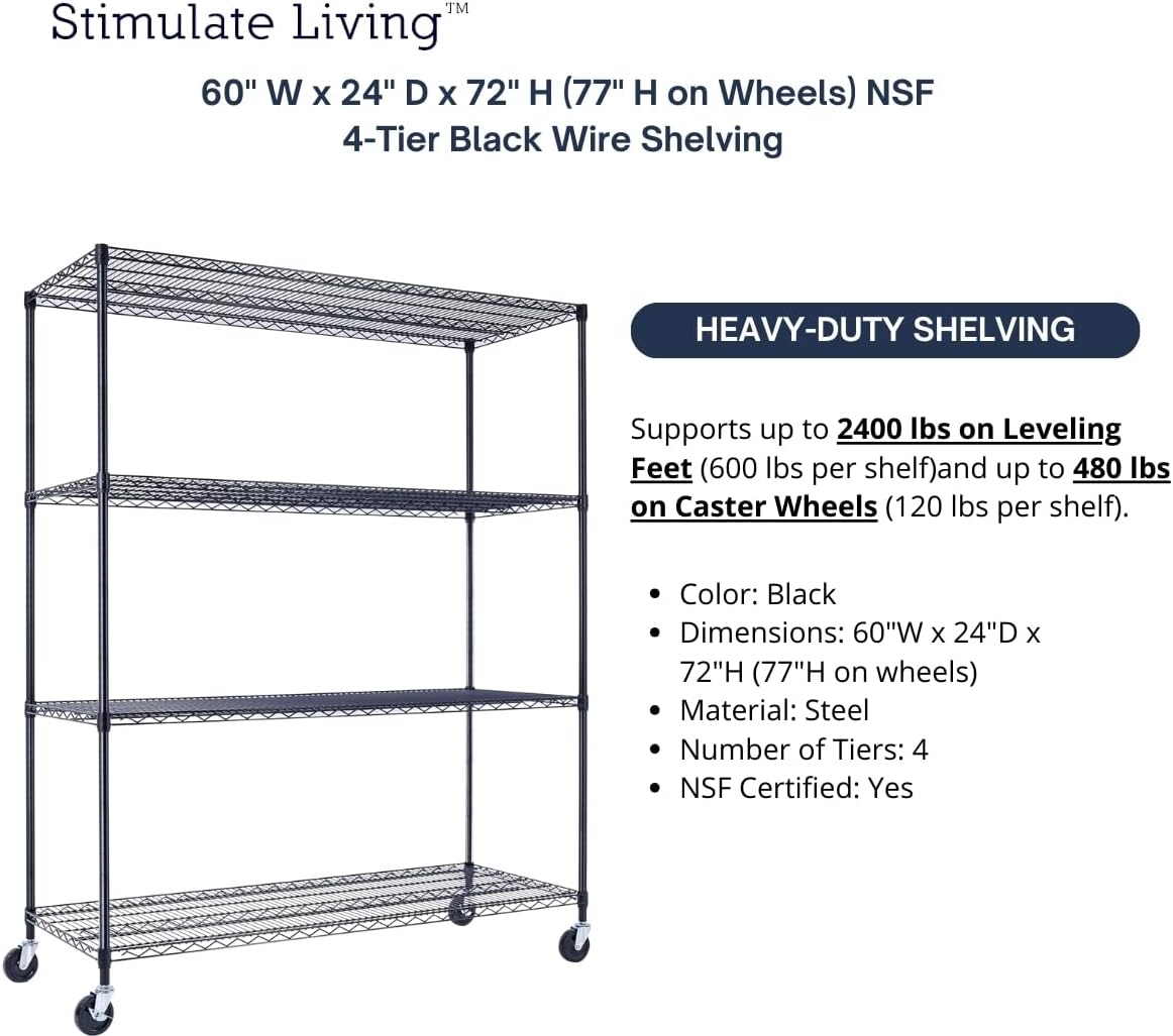 60"x24"x72" PRIME HEAVY DUTY Black 4-Tier Wire Shelving NSF 2400 LBS MAX Capacity Storage Rack for Commercial, School, Home, Garage, Warehouse, Industrial, and Hospital Uses (with Wheels) - NestledHome