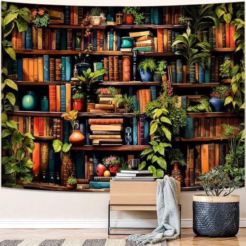 Botanical Bookshelf Tapestry Lush Green Plant Book Shelf Tapestries Wall Hanging Art Vintage Retro Potted Plants Academics Library Book Tapestry for Bedroom Living Room Dorm 80 x 60 inch