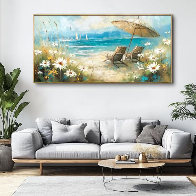 Beach Landscape Wall Art - Framed Modern Canvas Painting for Living Room, Bedroom Home Office Decor, 48x24 Inch Ready to Hang