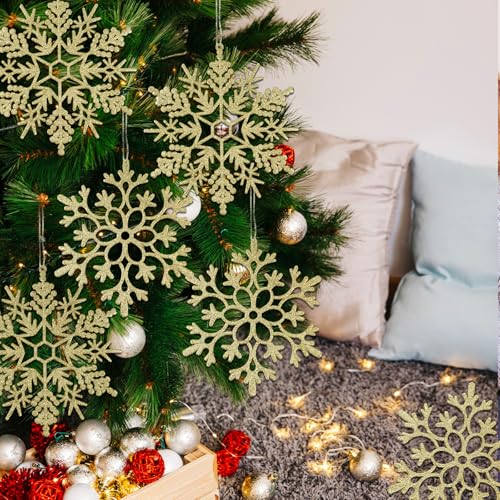 6pcs Large Gold Snowflakes Ornaments 12" Big Plastic Glitter Snowflake for Winter Indoor Outdoor Christmas Tree Window Room Decorations Giant Craft Snowflakes (6 Count)