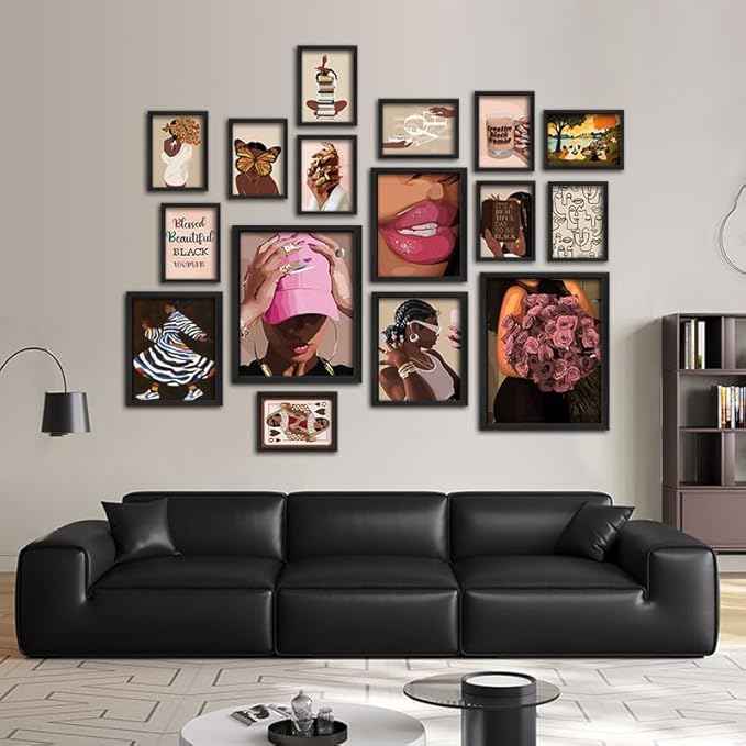 ANERZA 16 PCS Black Girl Wall Art Decor, African American Gallery Wall Prints for Bedroom, Black Woman Posters for Living Room Aesthetic, Black People Collage Kit Pictures, Pink and Black Dorm Home Decor