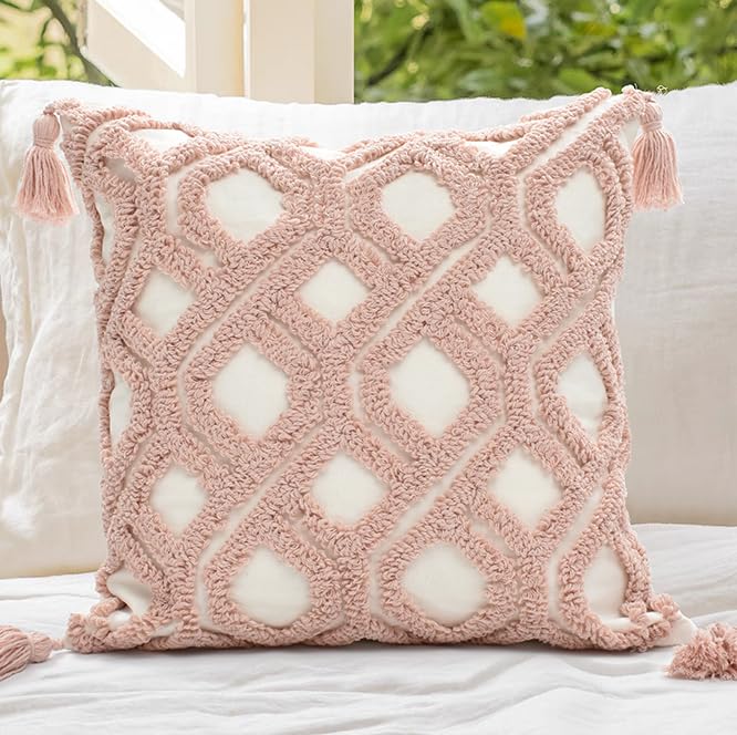 Boho Throw Pillow Covers 18x18 Tufted with Tassles