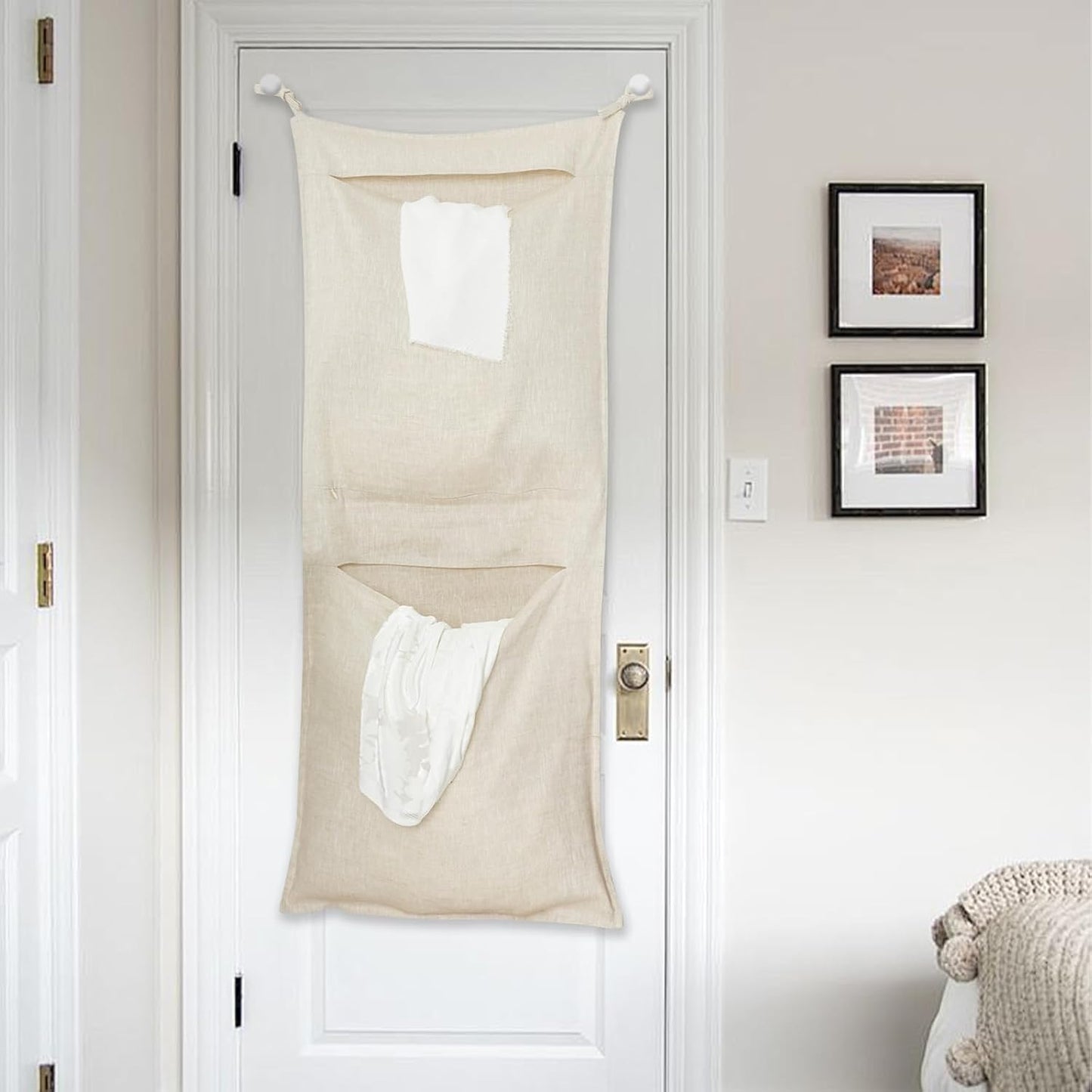 100% Linen Hanging Laundry Bag with 2 Compartments, Over the Door Laundry Hamper, Dirty Clothes Space Saving Organizer 19.7 x 47 Inches, Linen - NestledHome