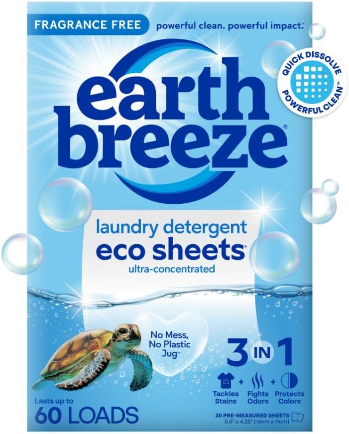 Earth Breeze Laundry Detergent Sheets Fragrance-Free - 60 Loads Eco Liquidless Soap - Travel-Friendly for Hot & Cold Cycles, Tackles Tough Stains & Odors - Gentle on Sensitive Skin, 30 Ct - NestledHome
