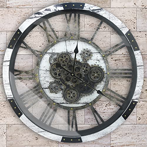 27 Inch Large Wall Clock Farmhouse Wooden Clock with Moving Gears HD Toughened Glass Cover