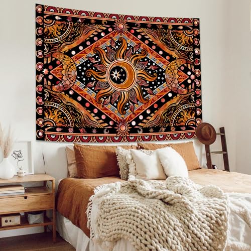 Hippie Sun and Moon Tapestry Bohemian Celestial Tapestries Aesthetic Tapestry for Bedroom and Living Room Decor Sun and Moon 36×48 Inches