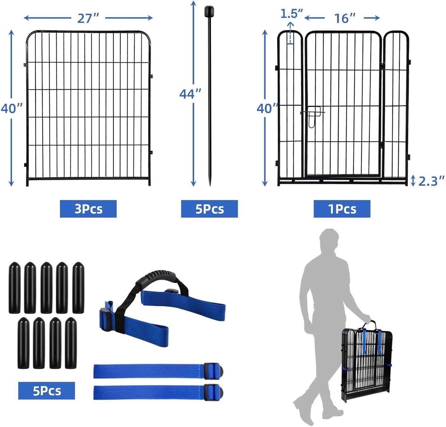 ADAVIN Tall Garden Fence with Gate,40 in(H) 4 Panels Animal Barrier Fence, Black Heavy Duty Iron Metal Fencing Border, Indoor or Outdoor Dog Playpen, No Dig RV Fencing for Yard. Total 8.9 FT(L)