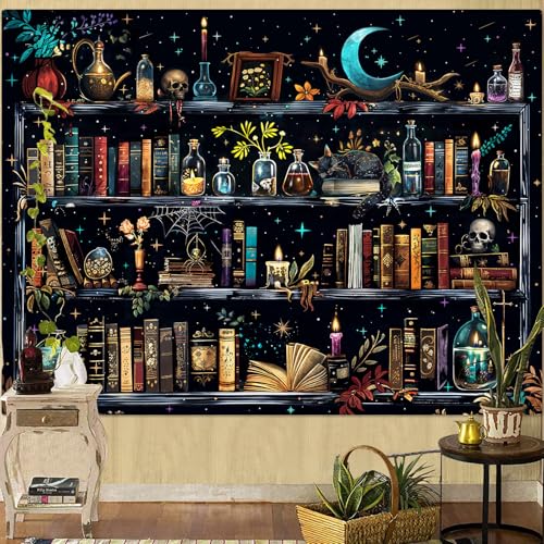 Magic Bookshelf Tapestry Magical Witchy Potion Dark Hippie Haloween Tapestries Wall Hanging Gothic Skull Black Cat Library Book Large Tapestry for Bedroom Living Room Dorm 90 x 68 inch
