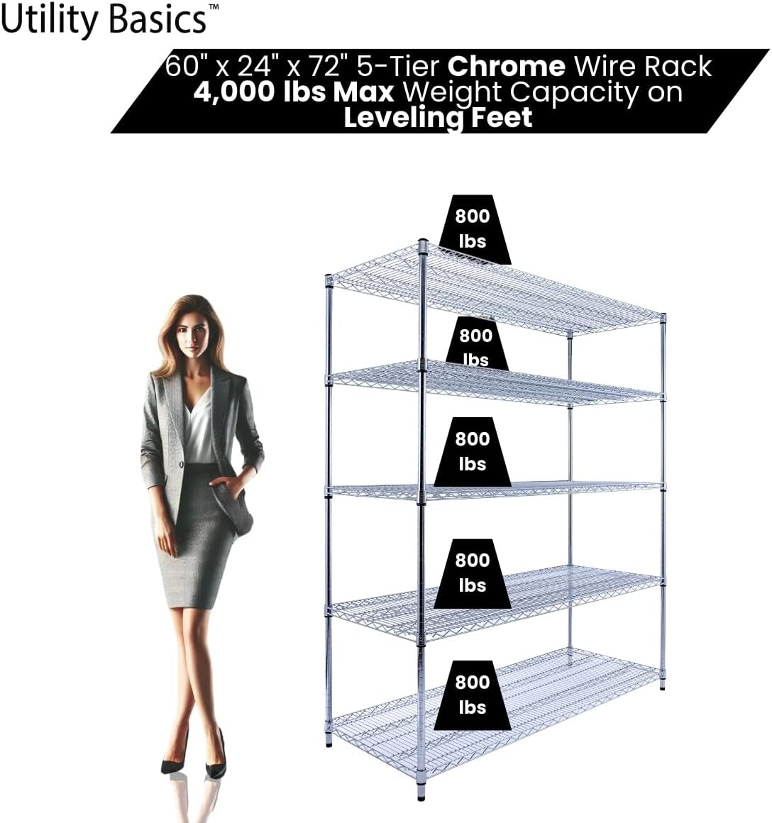 60"x24"x72" Chrome 5-Tier PREMIUM Wire Shelving NSF 4000 LBS MAX CAPACITY Heavy Duty Steel Storage Rack for Warehouses, Garages, Hospitals, Commercial Spaces, & Schools w/PREMIUM WHEELS - NestledHome