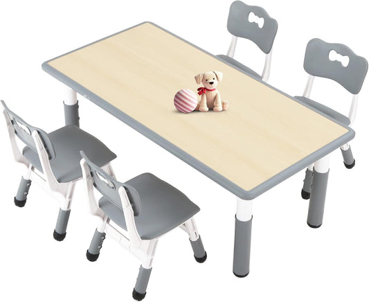 FUNLIO Kids Table and 4 Chairs Set for Ages 3-8, Height Adjustable Toddler Table and Chair Set, Easy to Wipe Arts & Crafts Table, for Classrooms/Daycares/Homes, CPC & CE Approved (5-Piece Set) - Gray - NestledHome