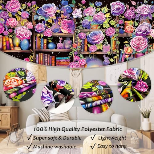 Bookshelf Pink and Purple Flower Tapestry Colorful Plants Tapestries for Bedroom Aesthetic Floral Wall Hanging Cute Girl Bedroom Decor