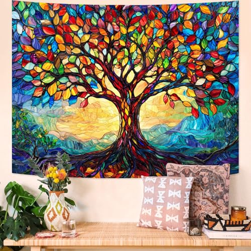 Tree of Life Tapestry Stained Glass Tapestry Wall Decor Tapestries for Bedroom Art Tapestries Wall Hanging for Bedroom Living Room Glass