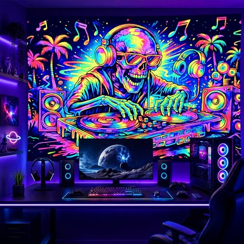 Blacklight Tapestry DJ Skeleton Wall Art 78 x 59 Inch