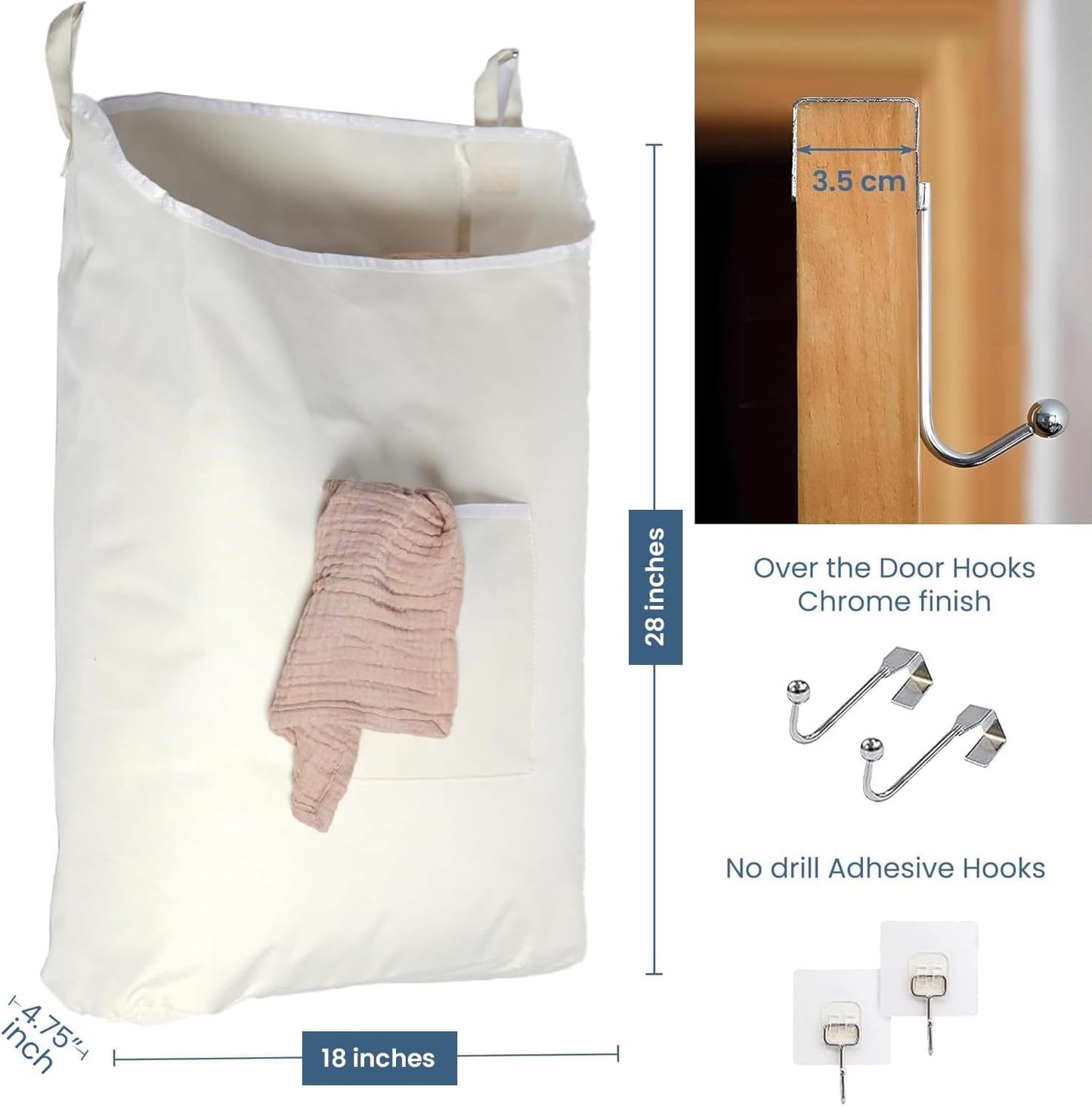 The Fine Living Co. Hanging Laundry Hamper with Over Door Hooks & Adhesive, Durable Space Saving Laundry Bag with Zipper and Wide Open Top, Hanging Dorm Laundry Hamper 18"x4.75"x28" (Beige-L) - NestledHome