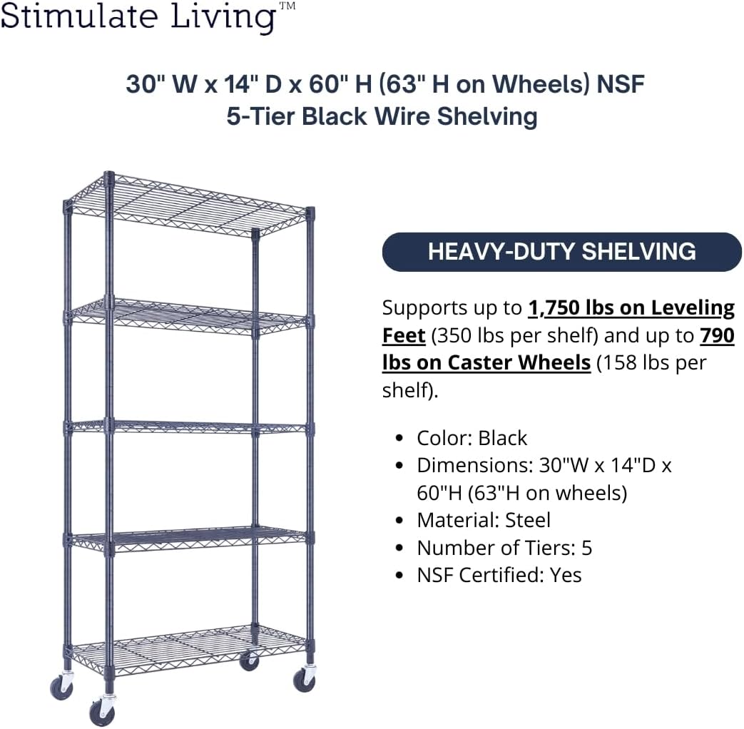 30"x14"x60" PRIME HEAVY DUTY Black 5-Tier Wire Shelving 1,750 LBS MAX Capacity Storage Rack for Commercial, School, Home, Garage, Warehouse, Industrial, and Hospital Uses (with Wheels) - NestledHome