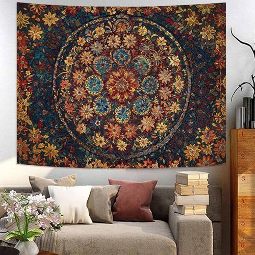 Boho Floral Mandala Tapestry Wall Hanging Vintage Bohemian Flower Medallion Tapestry Aesthetic Orange Stained Glass Hippie Small Tapestries for Bedroom Living Room Dorm Decor 40 x 30 Inch