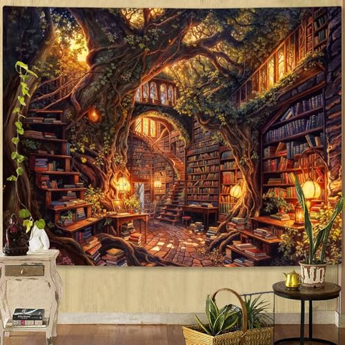 Forest Library Tapestry Tree Bookshelf Tapestries Wall Hanging Vintage Fantasy Fairy Treehouse Book Large Tapestry for Bedroom Living Room Dorm Classroom 60 x 44 inch