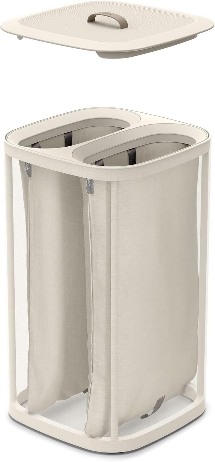 Joseph Joseph Tota 60 liter/15.8 gallon Laundry Hamper Separation Basket with lid, 2 Removable Washing Bags with Handles- Ecru - NestledHome