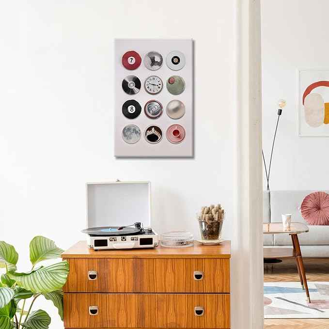 Colorful Vintage Disco Ball Canvas Wall Art, Retro 8 Lucky 7 Ball Poster, Trendy Music Record Painting, Funky Aesthetic Moon Coffee Cup Prints for Apartment Dorm Decor 12X16In Framed