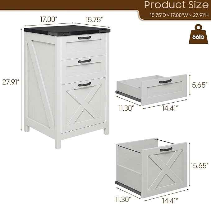 Vabches Vertical File Cabinet with 3 Drawers, Wooden Farmhouse Filing Cabinet for Letter/A4 Size Hanging Files, Under Desk Printer Stand with Storage for Home Office, White and Black